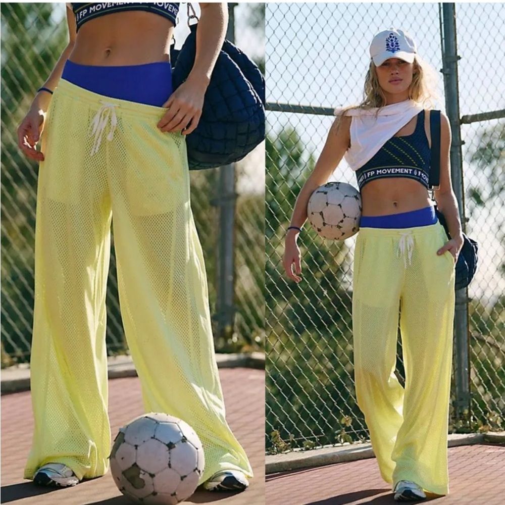 FREE PEOPLE Overtime Wide Leg Mesh Pants in Dour Citrus NWOT $98